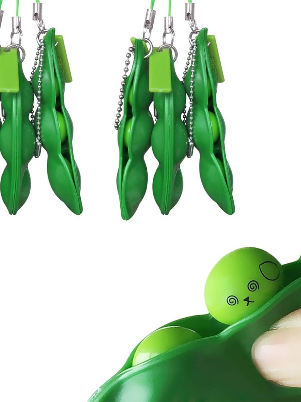 3 Pack Edamame Keychain Fidget Toys - Squeeze-a-Bean Puchi Puti Mugen Keyring Pe